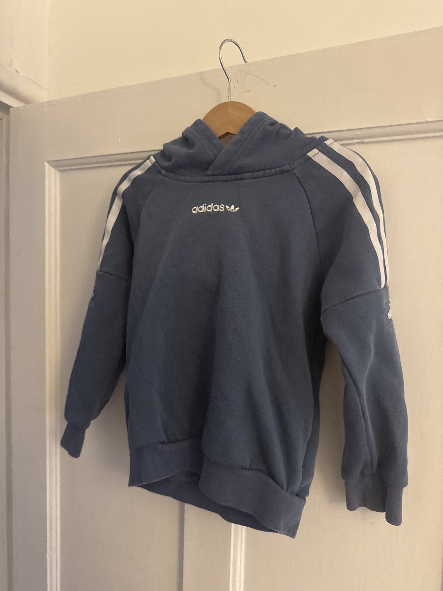Adidas Blue Kids Hoodie with White Stripes – UK 4-5Y, Adidas, 4-5 years, Excellent condition — preloved on SilentSale®