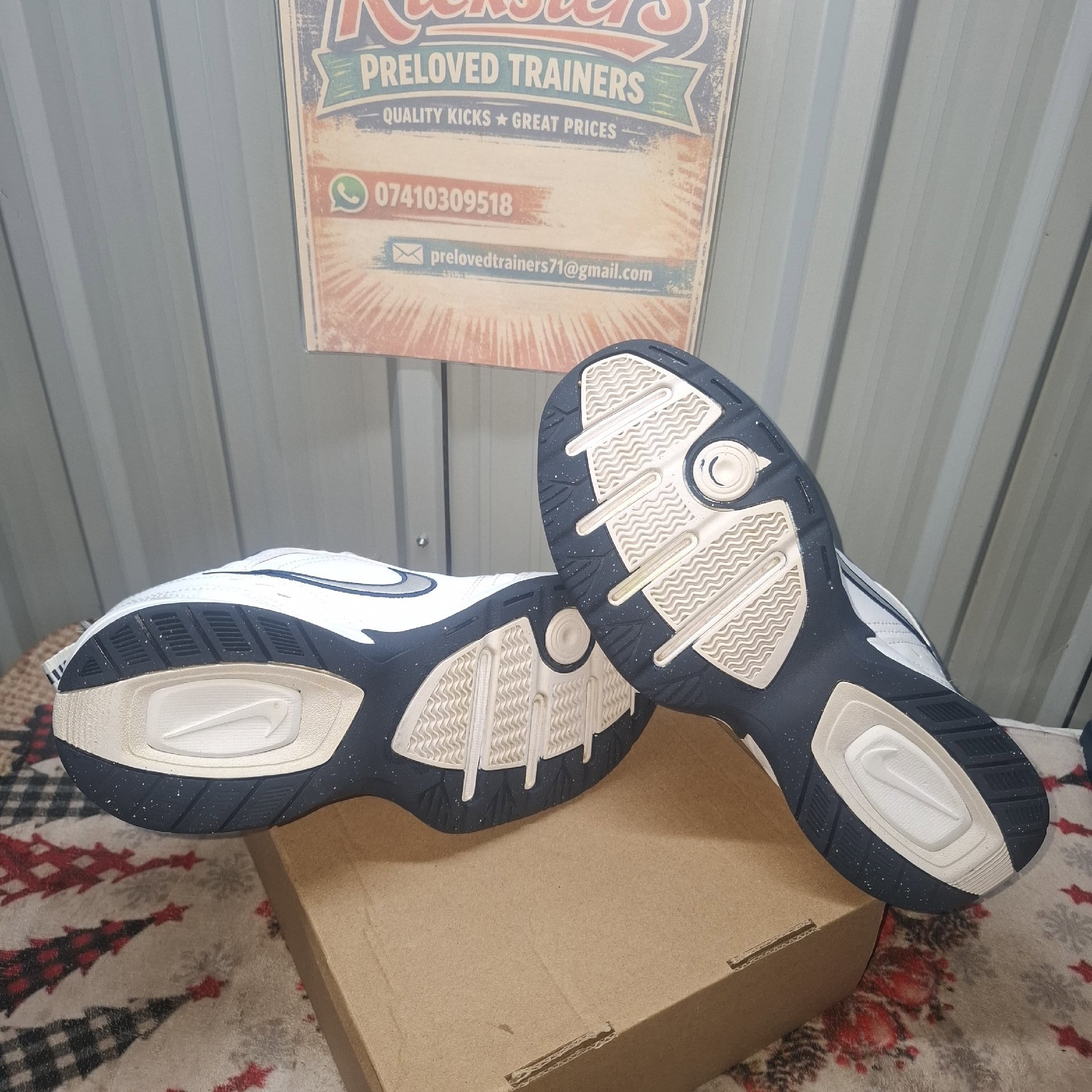 Nike Air Monarch White and Navy Trainers – Size 7, Nike, 7, Excellent condition — preloved on SilentSale®