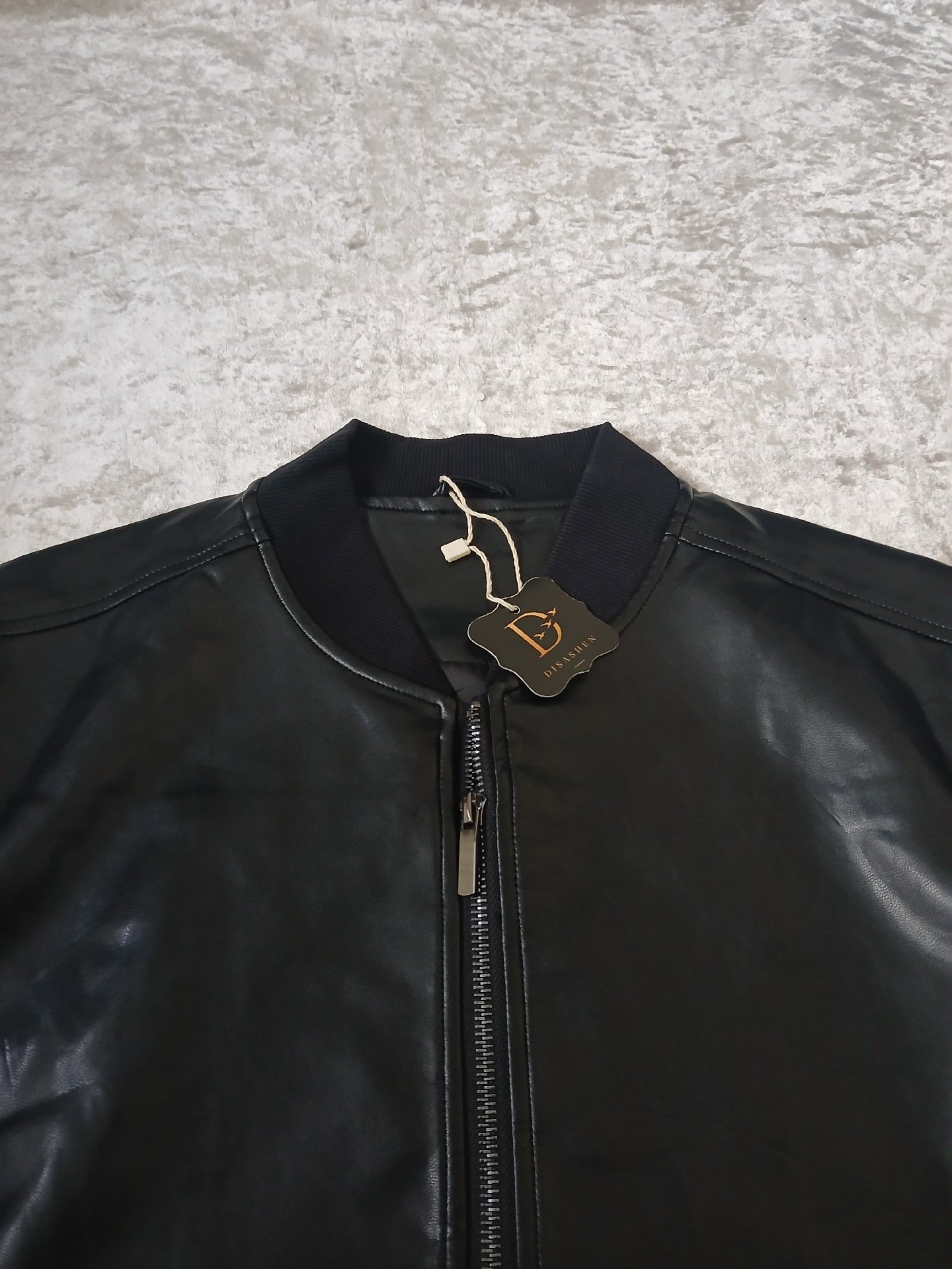 Disashen Black Faux Leather Bomber Jacket — slim fit.Size L., disashen, L, New condition — preloved on SilentSale®