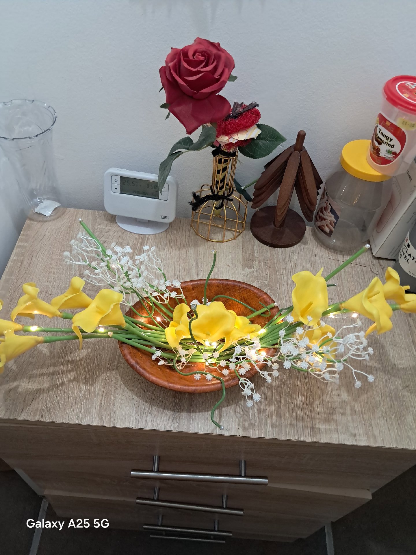 Artificial Yellow Calla Lily Floral Arrangement in Wooden Bowl, selfmade, One Size, Excellent condition — preloved on SilentSale®