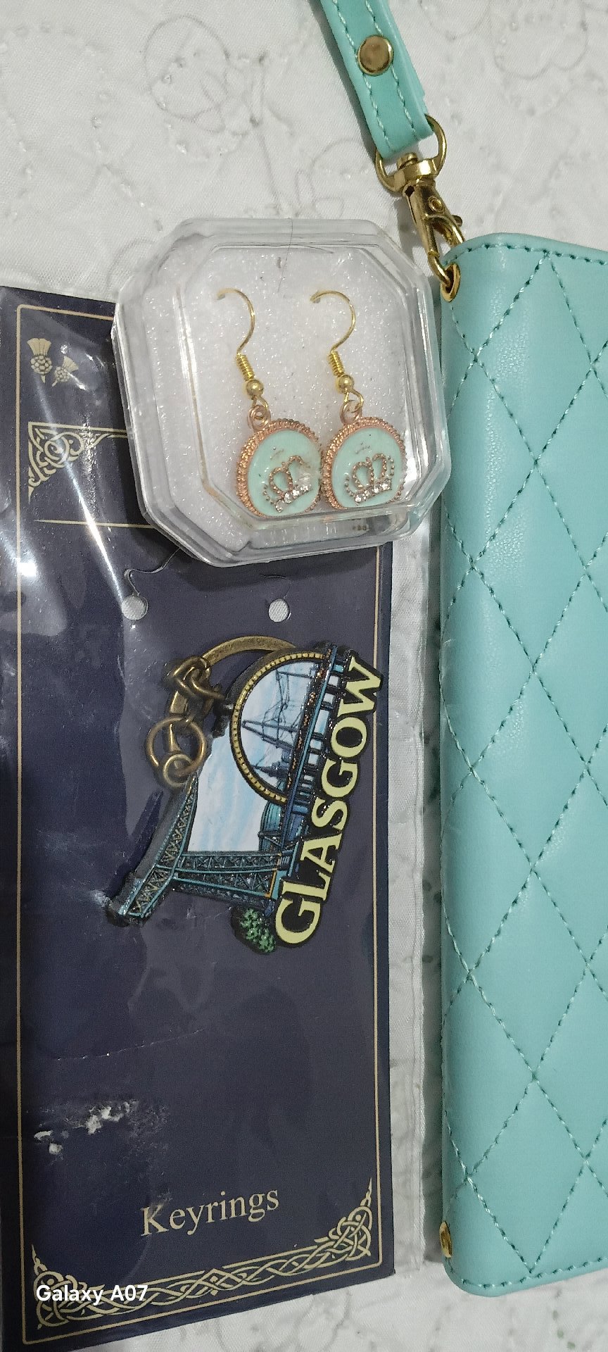 Glasgow Keyring, Blue Quilted Phone Case & Earrings Set, Kasury, One Size, Excellent condition — preloved on SilentSale®