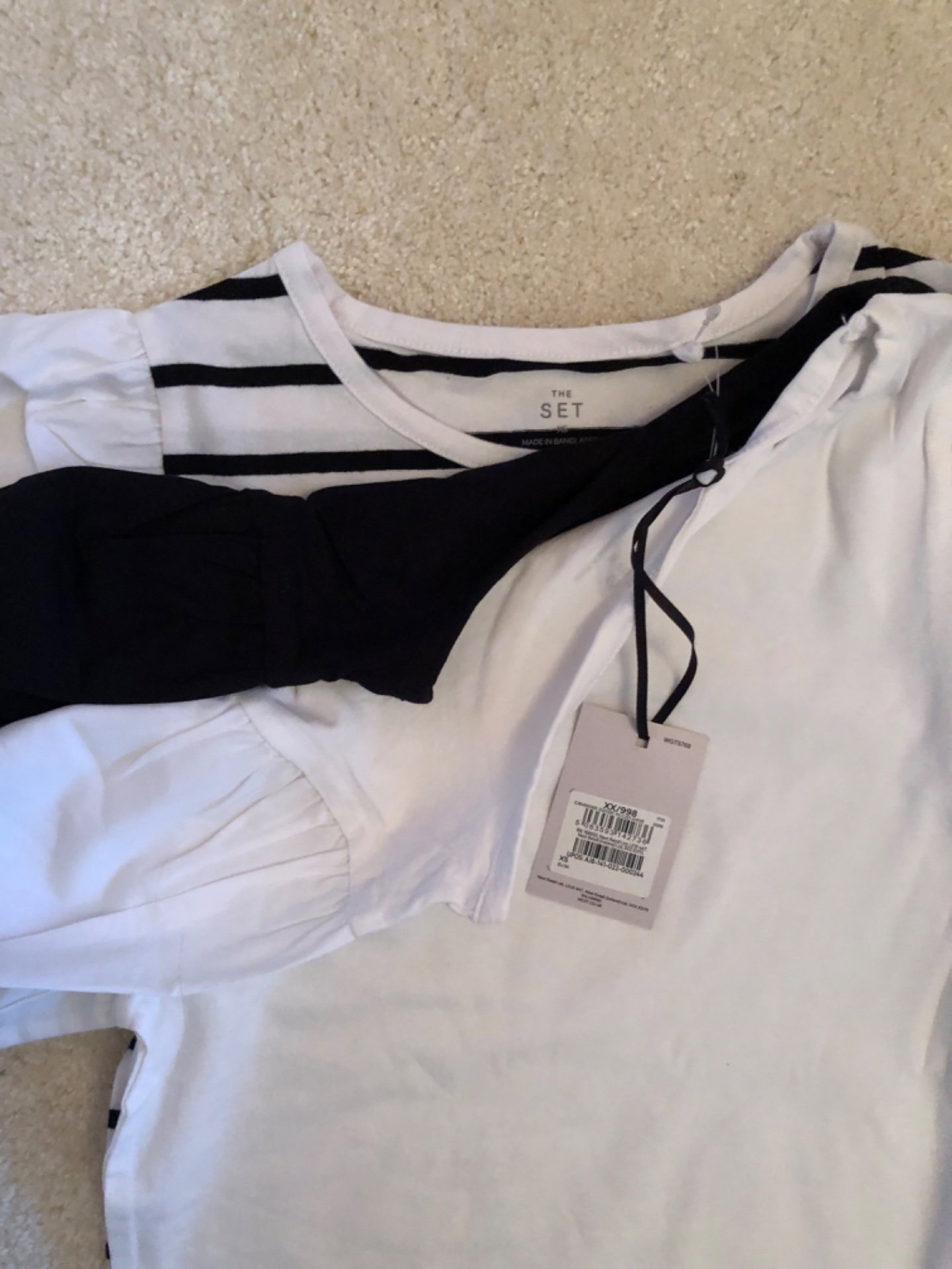 Next 3 pack  Puff Sleeve Tops, White, white and Black Stripe, black – XS, Next, XS, New condition — preloved on SilentSale®