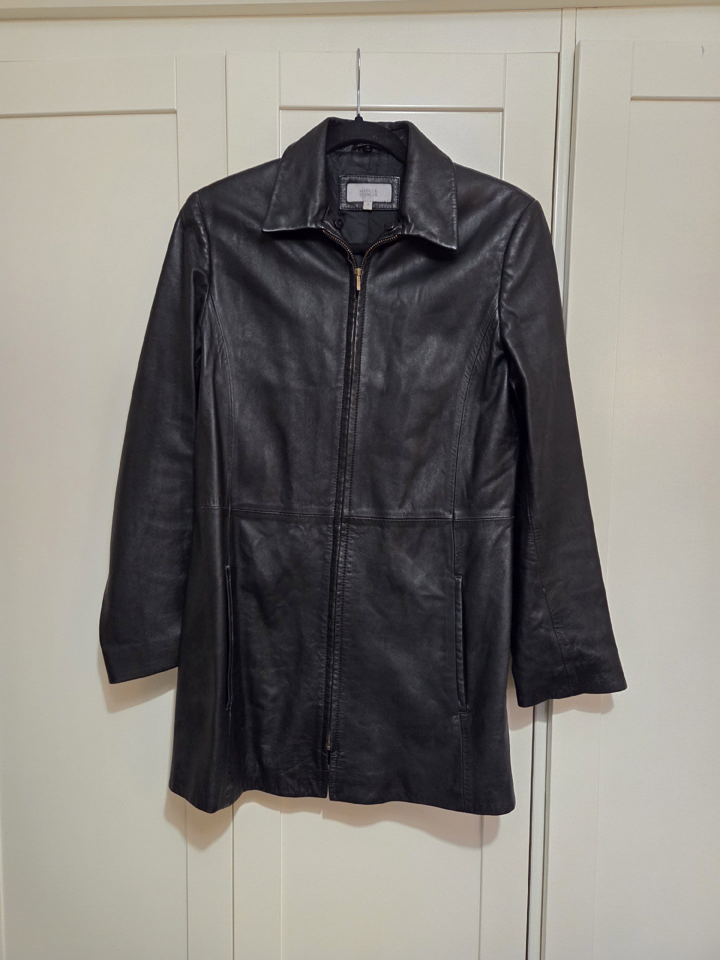 Marks & Spencer Black Leather Longline Jacket – Size 10, Marks & Spencer, S (50-52cm), Excellent condition — preloved on SilentSale®