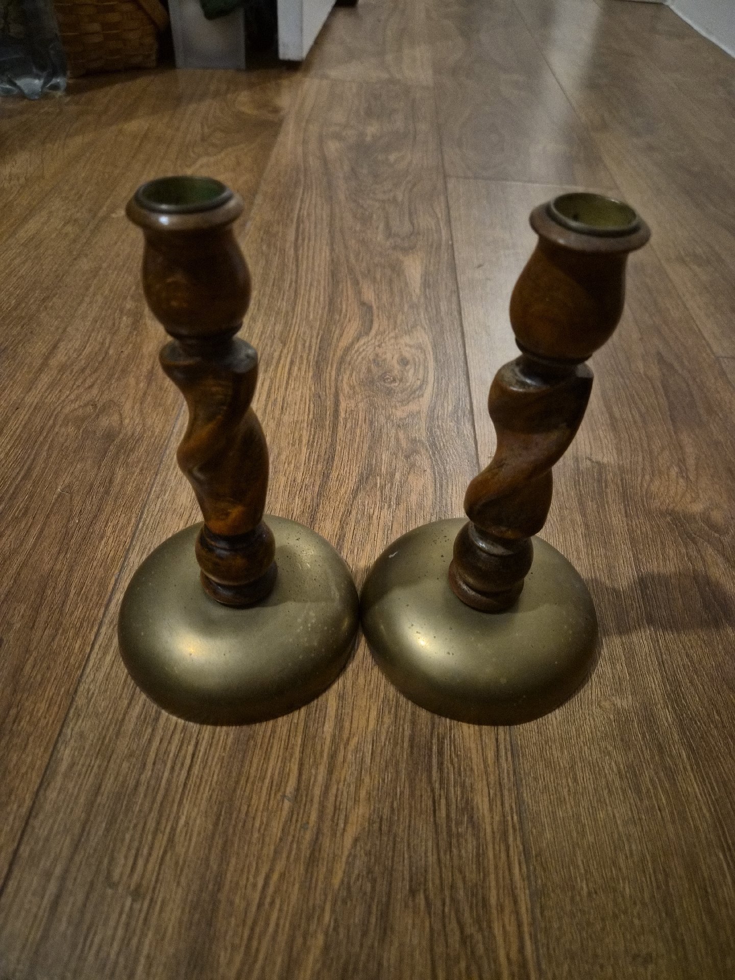 Pair of Vintage Wooden and Brass Candlesticks, Vintage, Medium, Good condition — preloved on SilentSale®