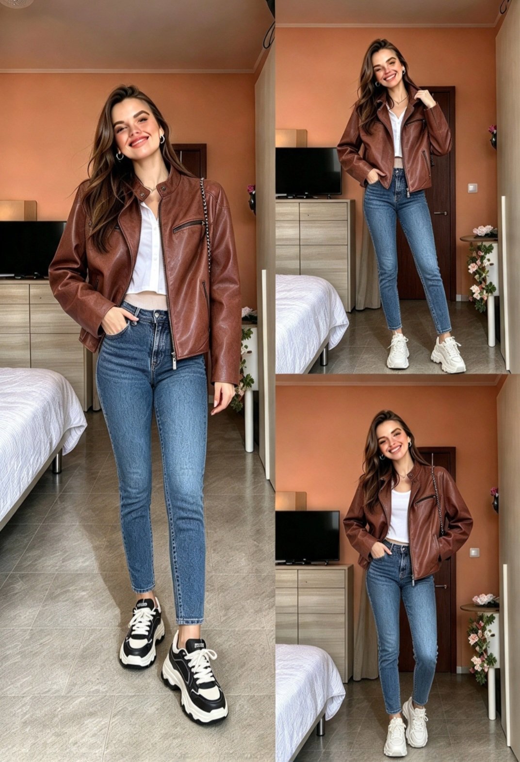 Brown Faux Leather Biker Jacket, No Voice, L, Excellent condition — preloved on SilentSale®
