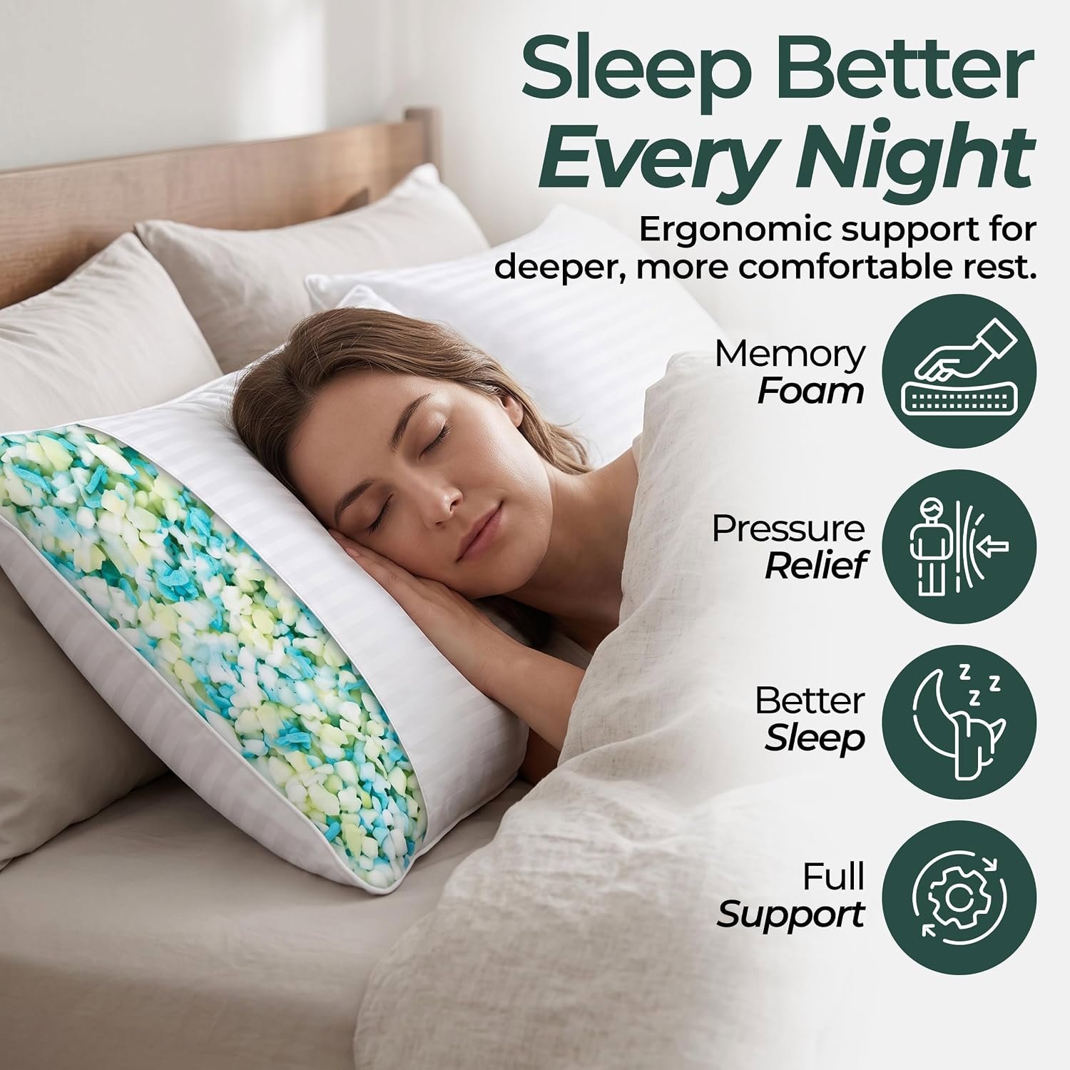 Shredded Memory Foam Pillows Soft Supportive Bed Pillow with Striped Cover 48x74 cm Pair, Unbranded, One Size, New condition — preloved on SilentSale®