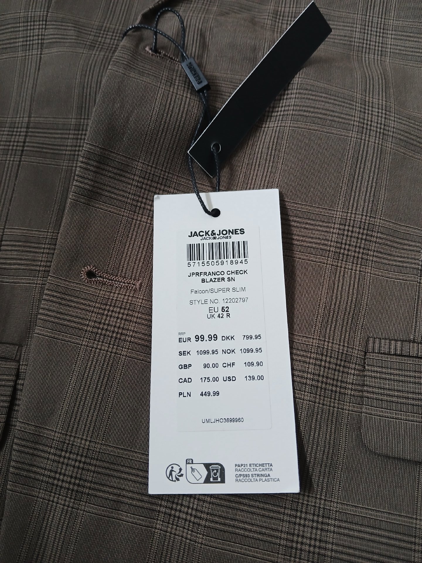 Jack & Jones Brown Check Blazer UK 42R Super Slim (Fits like M‑Large), Jack & Jones, 42R, New condition — preloved on SilentSale®