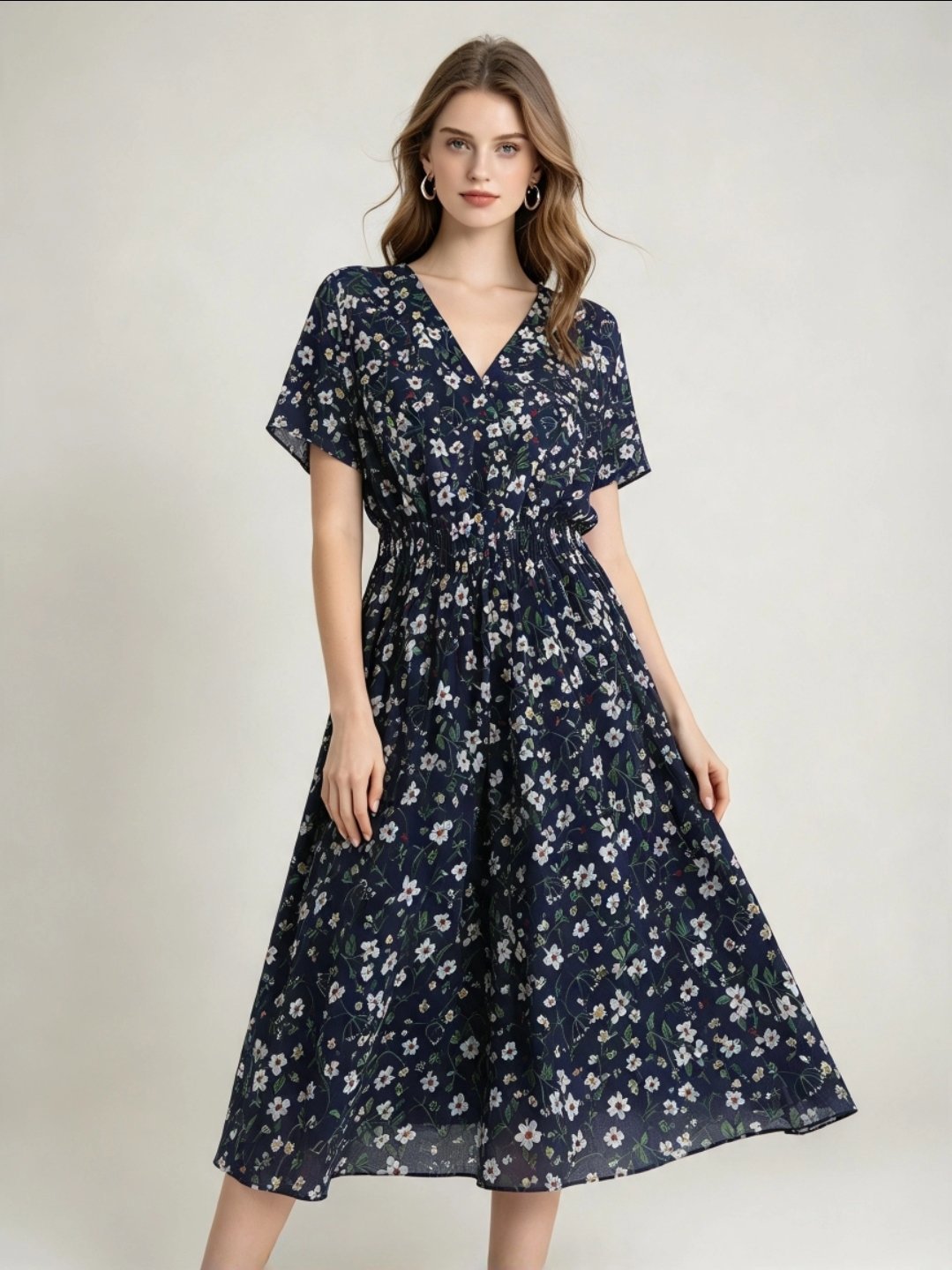 Navy Floral Midi Dress with V Neck and Elastic Waist, Unbranded, M, Excellent condition — preloved on SilentSale®