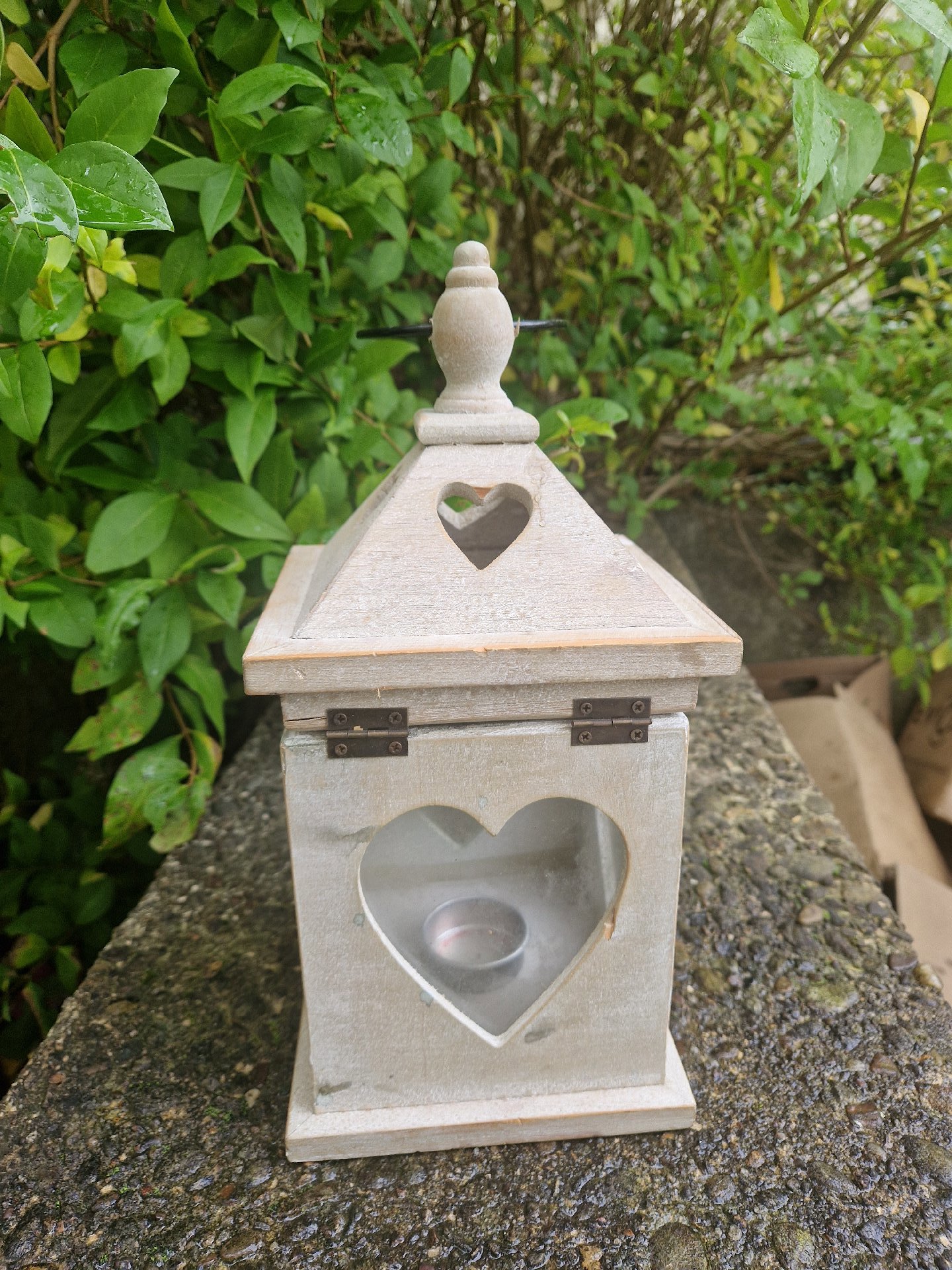 Wooden decorative lantern with heart-shaped cutouts and glass insert, Unbranded, Medium, Excellent condition — preloved on SilentSale®