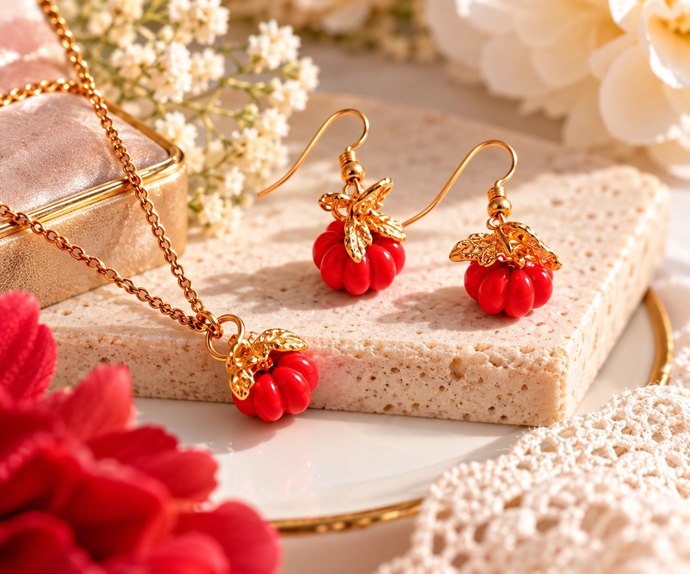 Gold Tone pumpkine Pendant Necklace and Earrings Set, Unbranded, A, New condition — preloved on SilentSale®