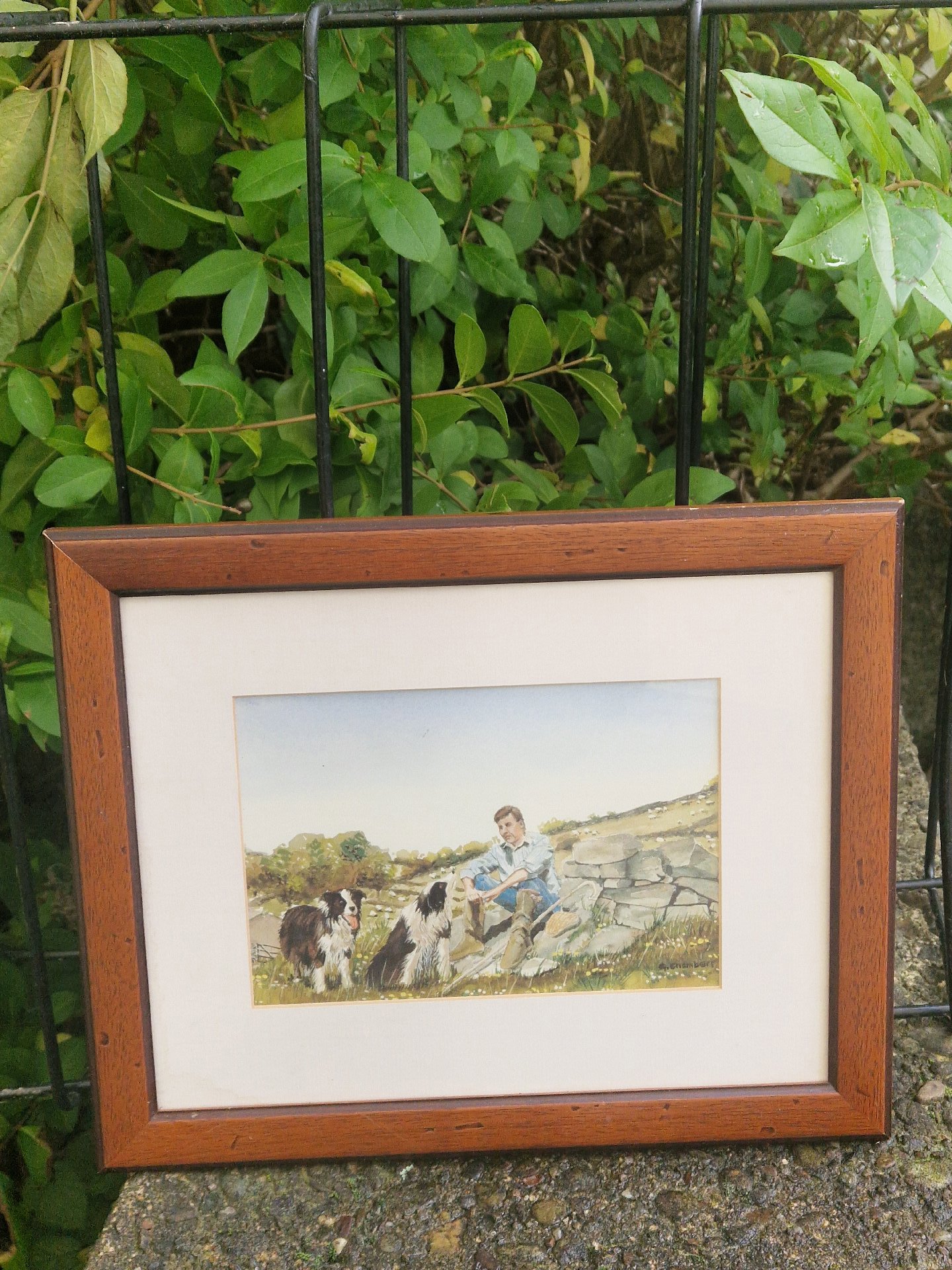 Framed watercolor print depicting a man with dogs in a pastoral landscape, Unbranded, One Size, Excellent condition — preloved on SilentSale®