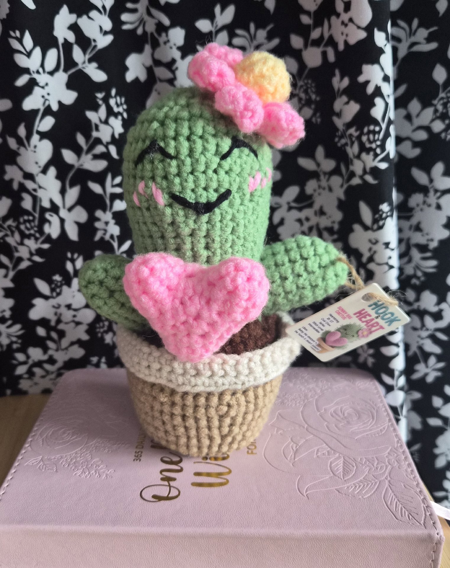 Handmade Crochet Cactus Plush Toy with Pink Heart and Flower, handmade beautiful crochet, 8 years, New condition — preloved on SilentSale®