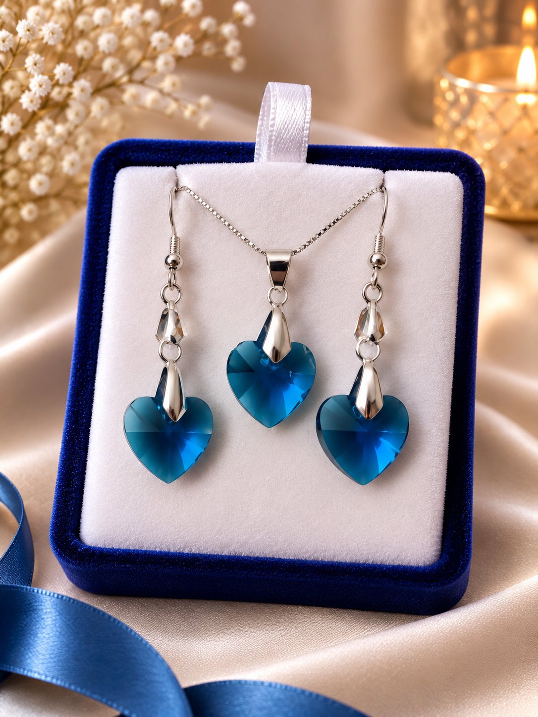 Blue Heart Crystal Pendant Necklace and Earrings Set, Unbranded, A, New condition — preloved on SilentSale®