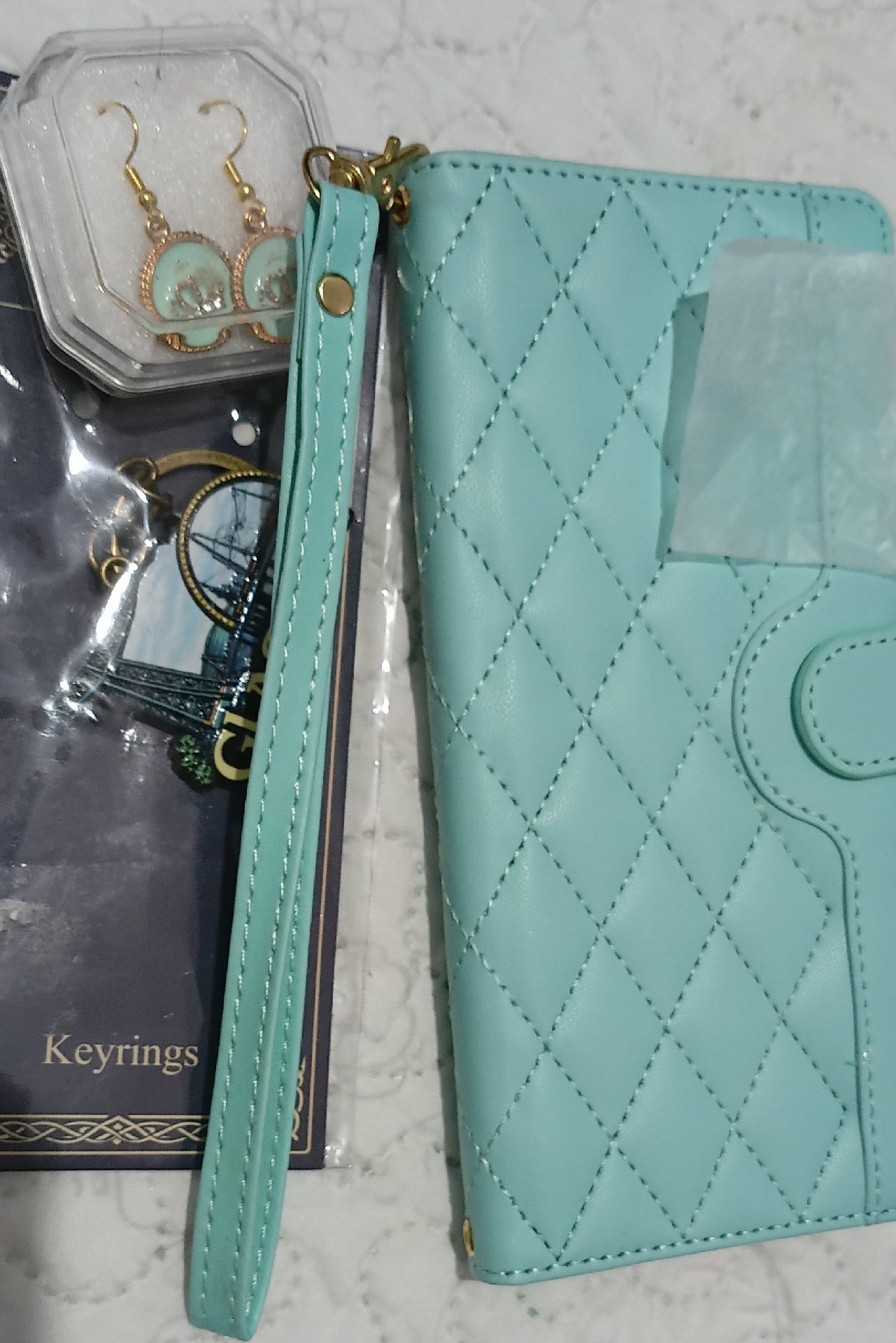 Glasgow Keyring, Blue Quilted Phone Case & Earrings Set, Kasury, One Size, Excellent condition — preloved on SilentSale®