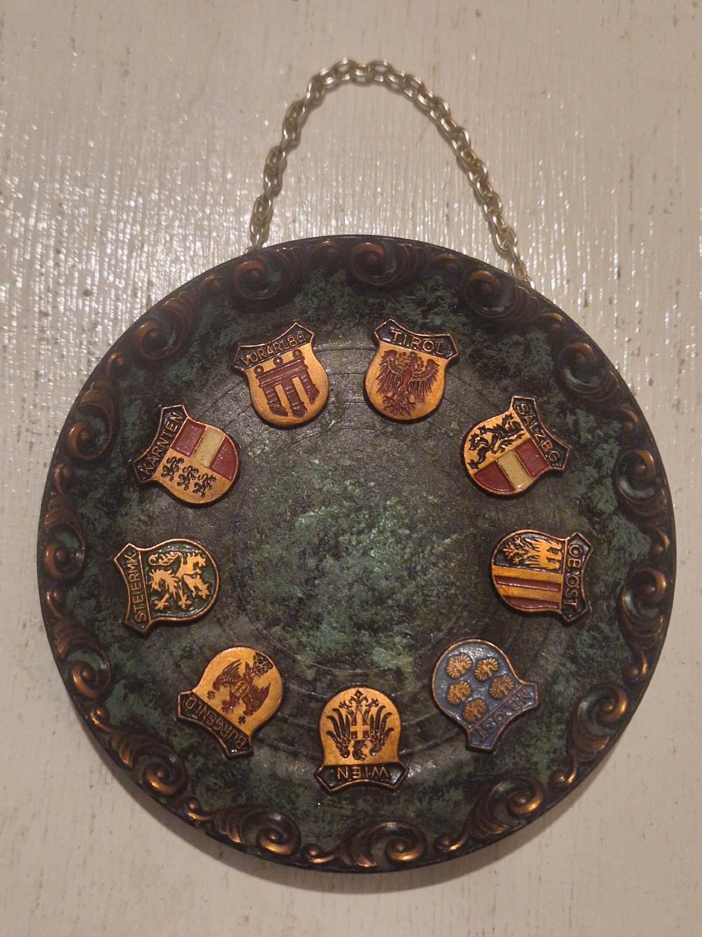 a vintage Austrian souvenir wall plaque/decorative plate featuring the enameled heraldic shields (coats of arms) of the nine federal states of Austria (Bundesländer)., Vintage, One Size, Excellent condition — preloved on SilentSale®