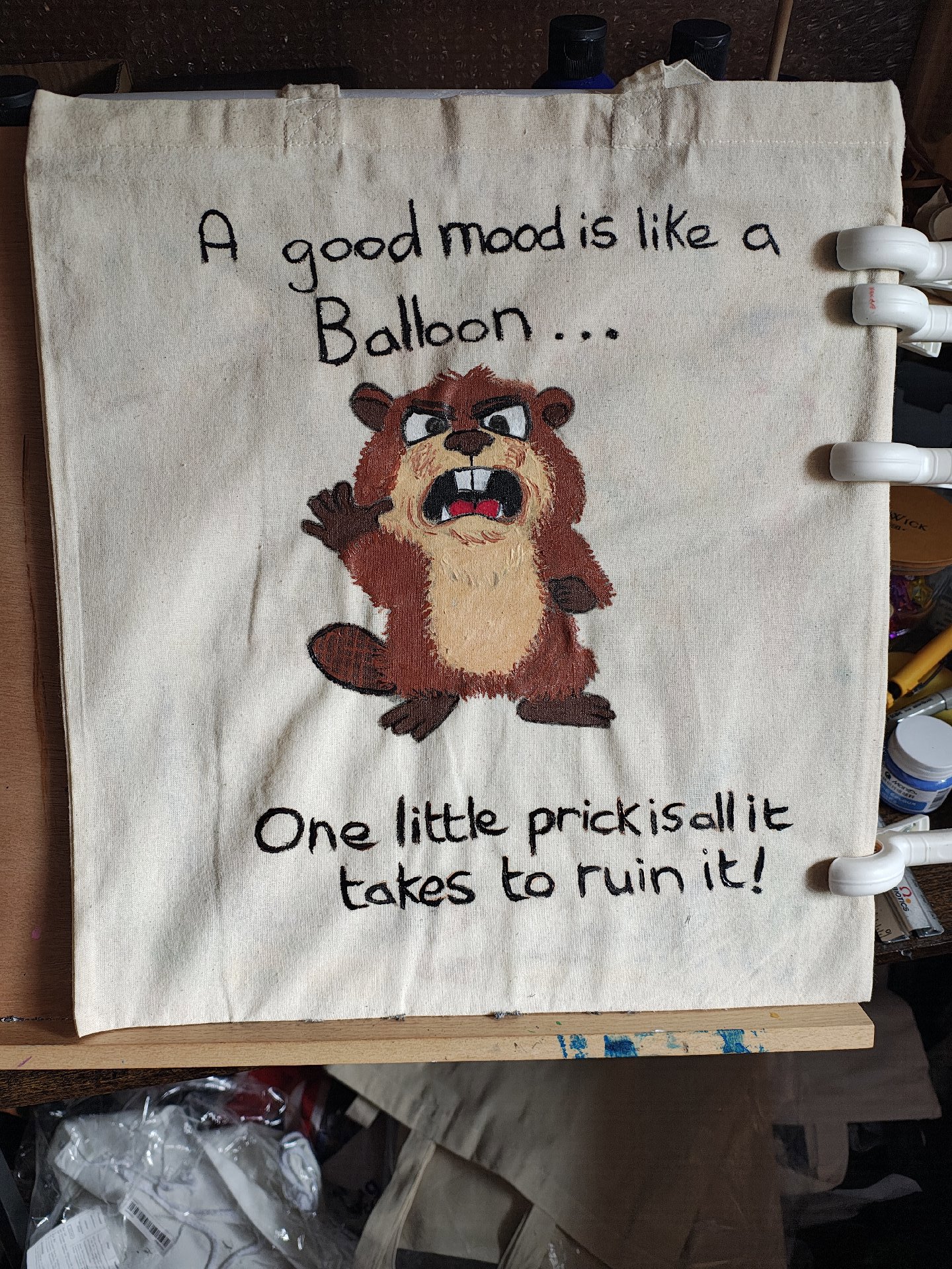 Hand Painted Canvas Tote Bag with Cartoon Beaver and Quote, Unbranded, Medium, New condition — preloved on SilentSale®