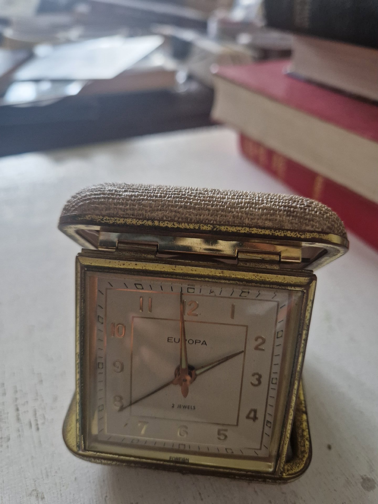 Brass travel alarm clock by Europa with mechanical jeweled movement, Europa, Small, Excellent condition — preloved on SilentSale®