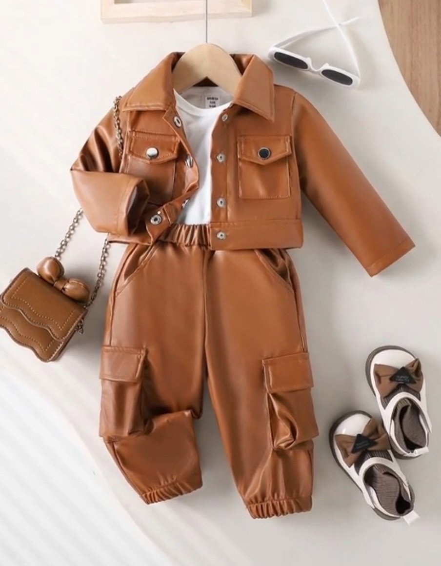 Unbranded Brown Faux Leather Girls Jacket and Cargo Trousers Set – Size 2 years, Unbranded, 2 years, New condition — preloved on SilentSale®