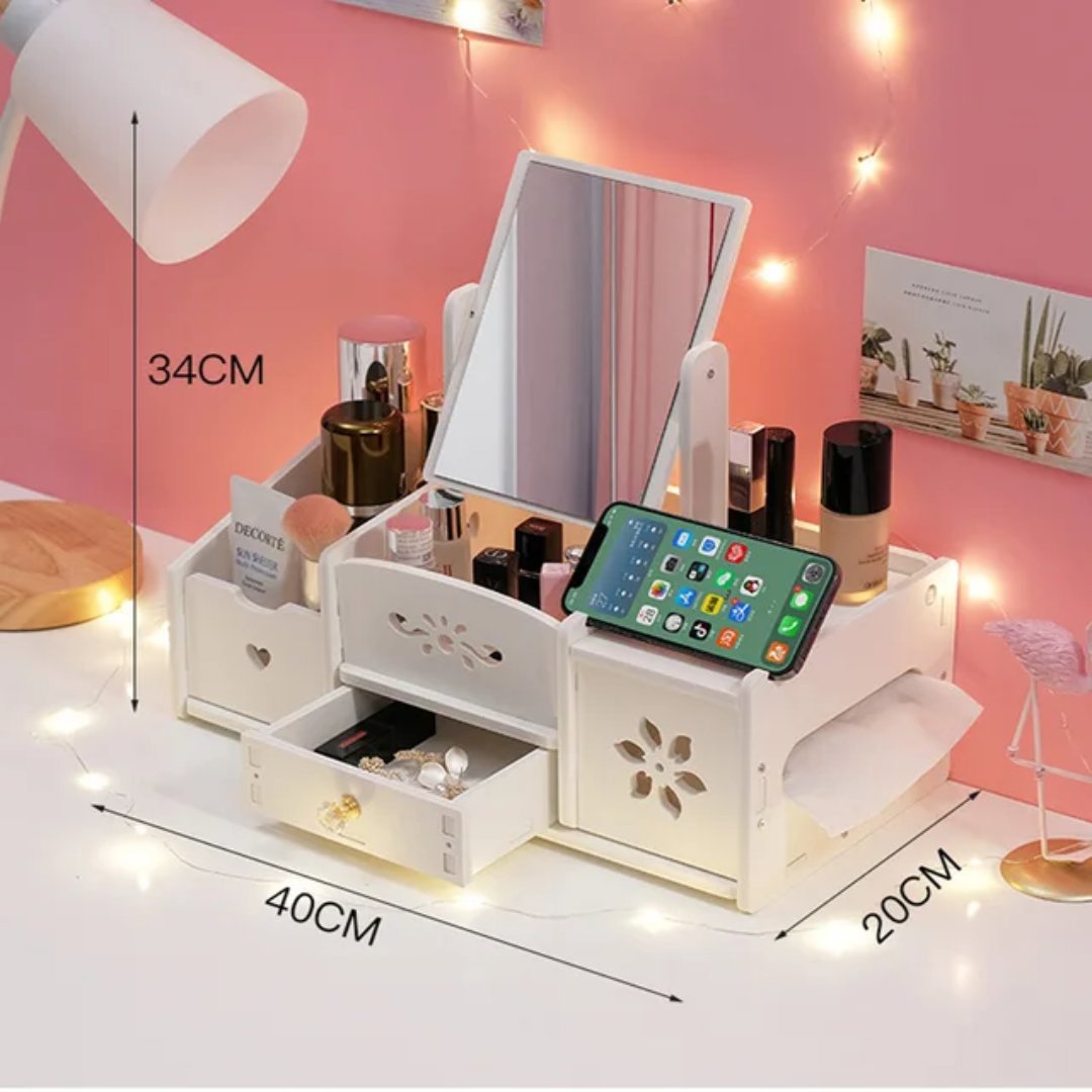 White Wooden Makeup Organiser Box with Mirror and Drawers, Unbranded, Medium, New condition — preloved on SilentSale®