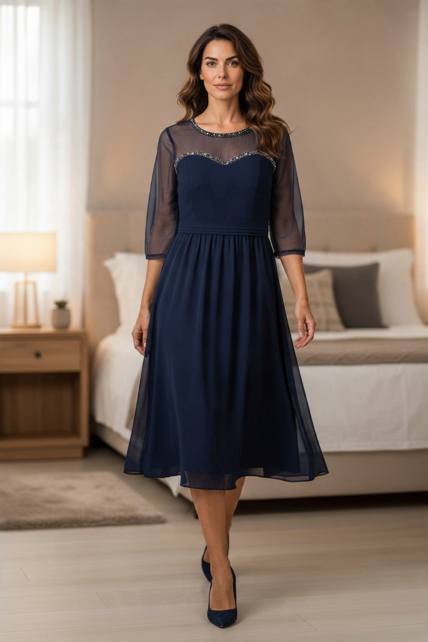 Little Mistress Navy Midi Dress with Sheer Sleeves, Little Mistress, 26, New condition — preloved on SilentSale®