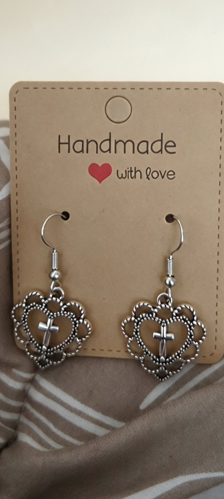 Handmade Silver Tone Heart and Cross Drop Earrings, Handmade, One Size, New condition — preloved on SilentSale®