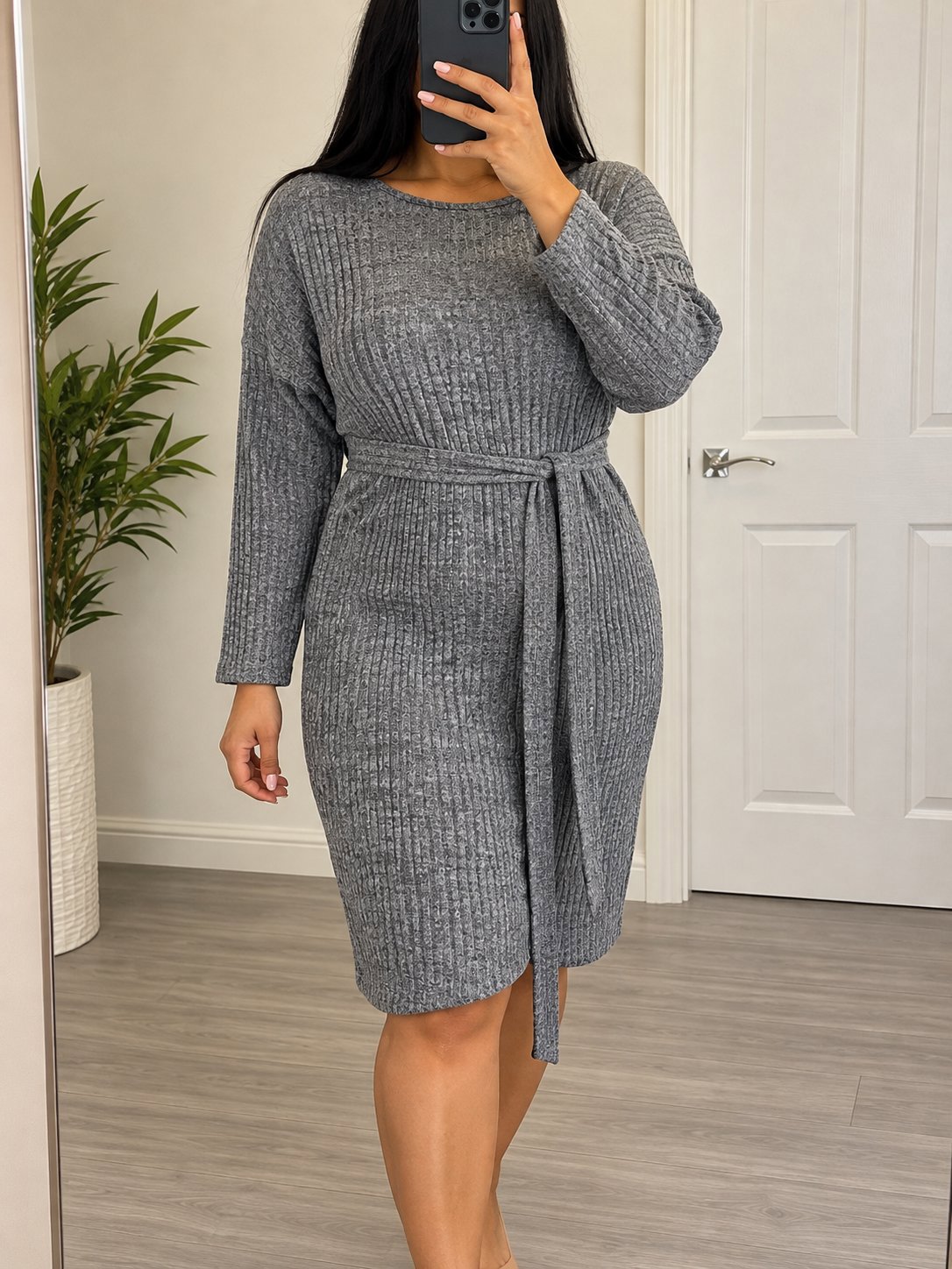 Grey Ribbed Knit Midi Dress with Tie Waist, PrettyLittleThing, 16, Excellent condition — preloved on SilentSale®