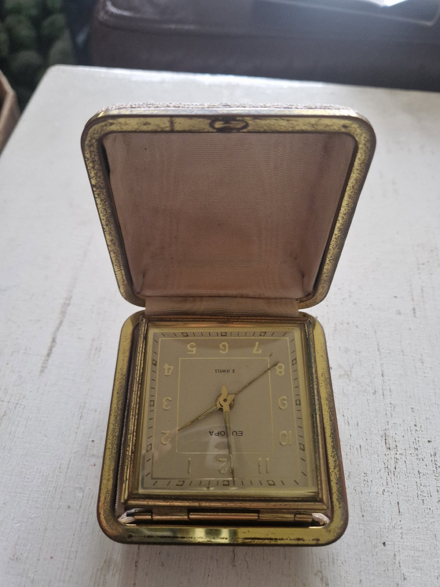 Brass travel alarm clock by Europa with mechanical jeweled movement, Europa, Small, Excellent condition — preloved on SilentSale®