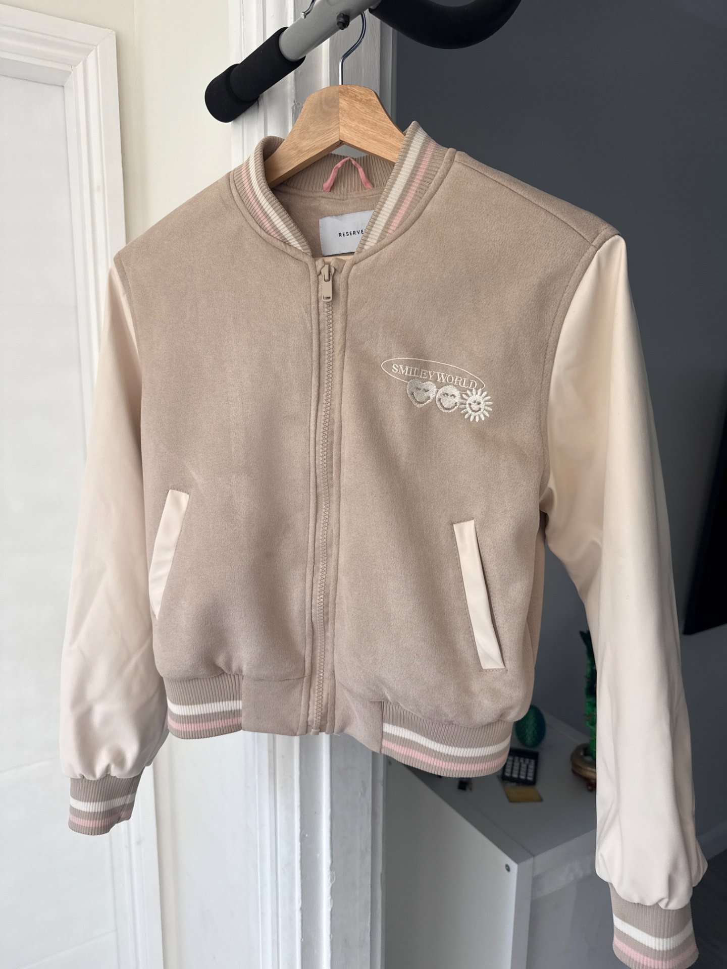 Girls Beige and White Bomber Jacket - Size S, Reserved, 12 years, Like New condition — preloved on SilentSale®