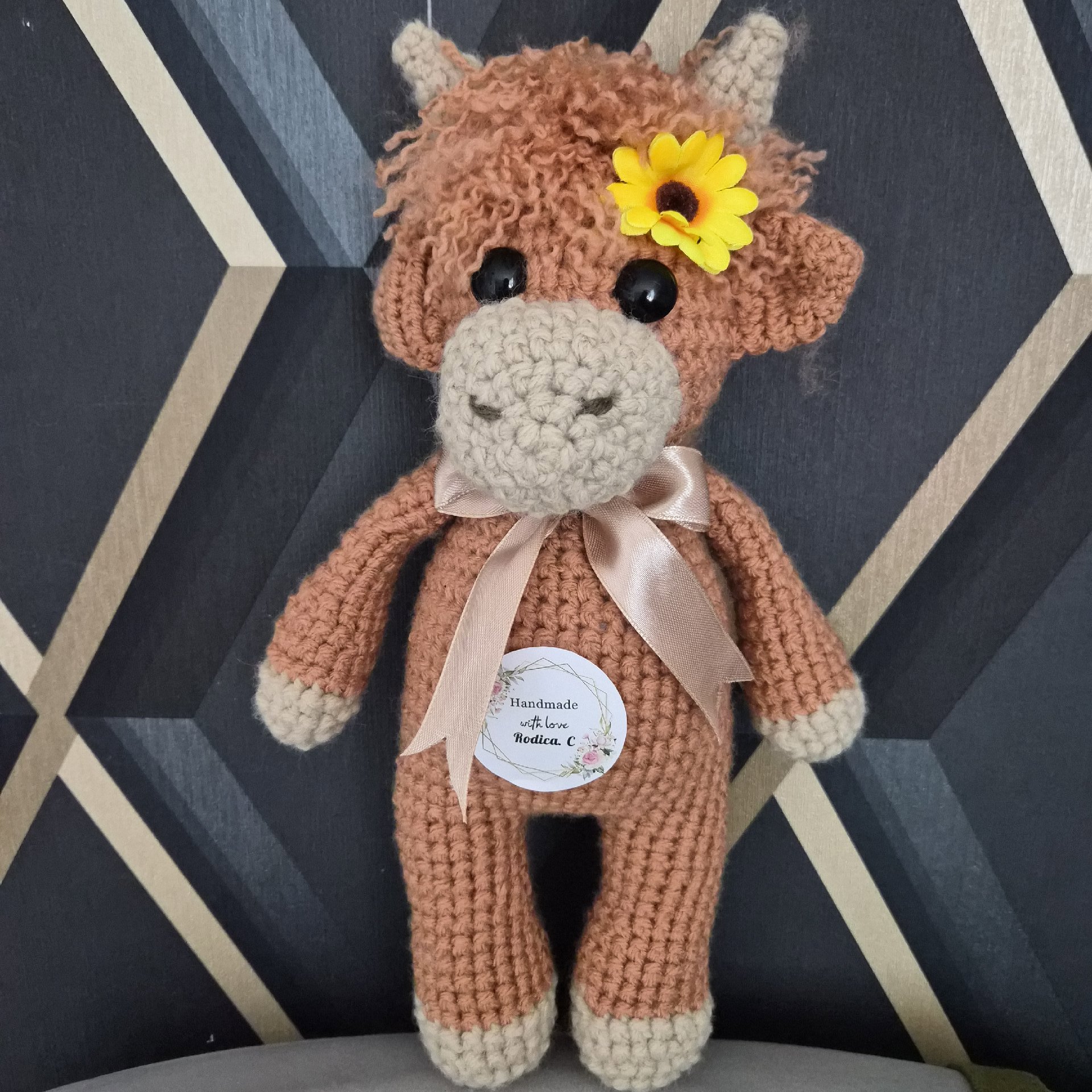 Handmade Crochet Brown Cow Soft Toy with Flower and Bow, handmade beautiful crochet, 6 years, New condition — preloved on SilentSale®