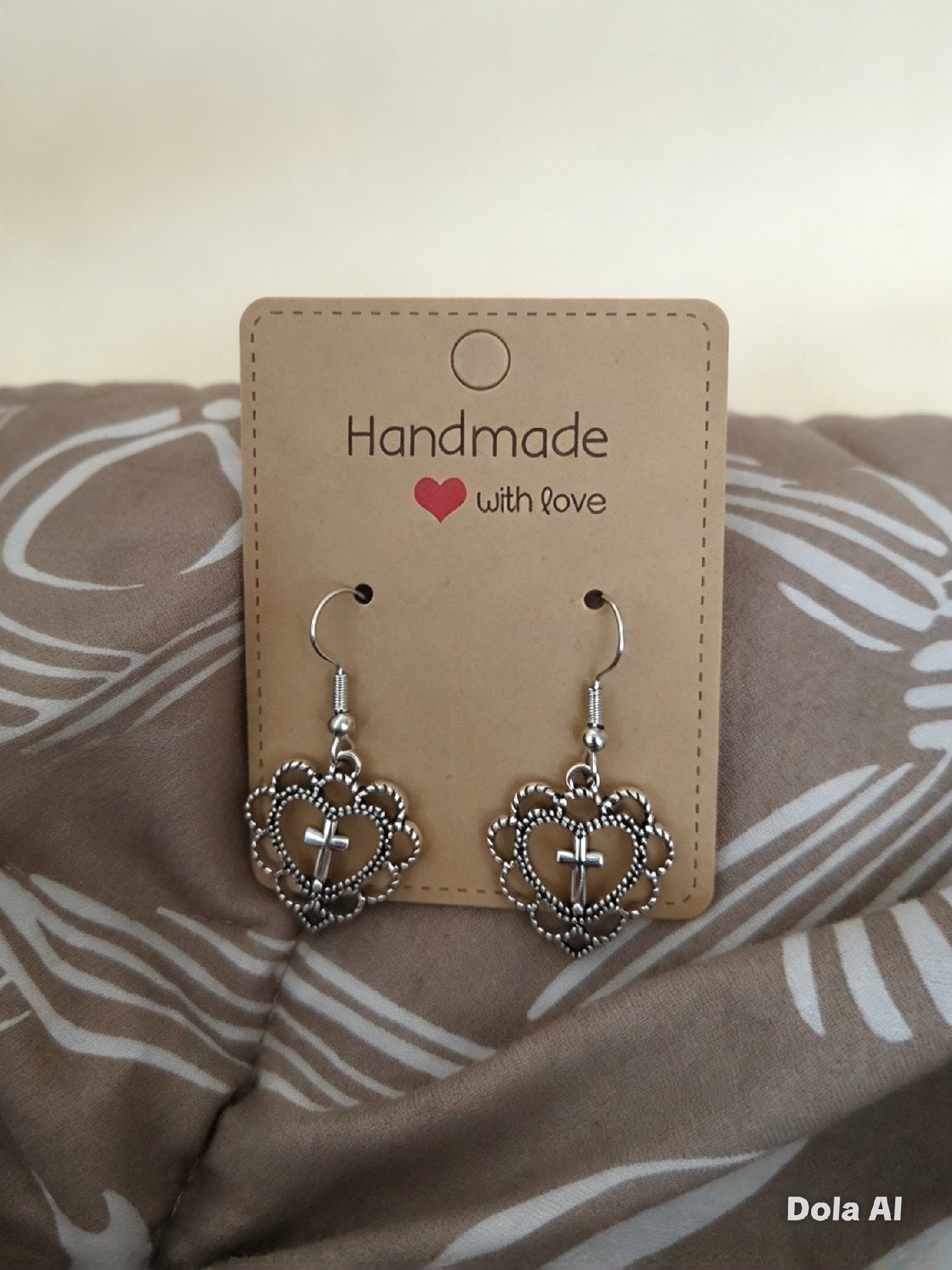 Handmade Silver Tone Heart and Cross Drop Earrings, Handmade, One Size, New condition — preloved on SilentSale®
